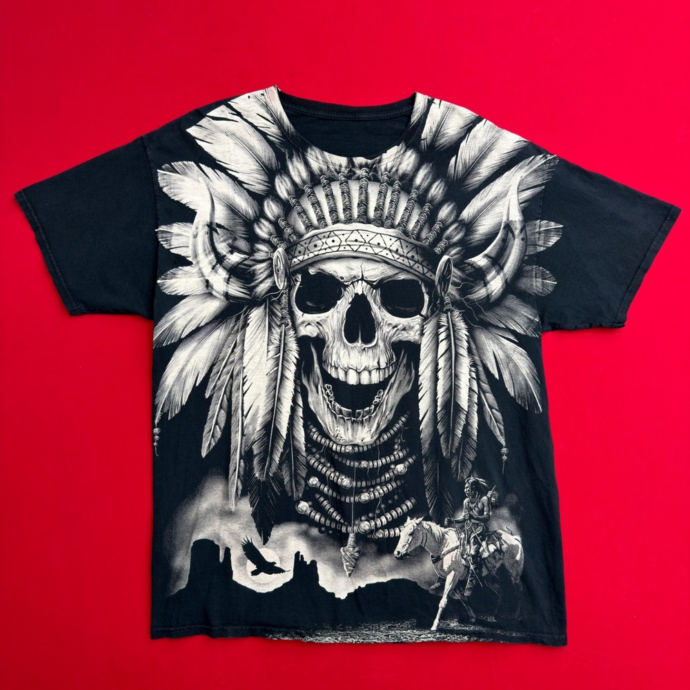Mens Black Native American Skull Graphic Tee Headdress Horse Rider T-Shirt Large